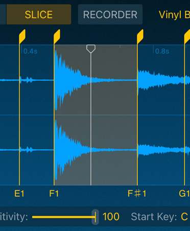 Quick Sampler, ondas de audio azules, botones de Fragmento y Grabadora