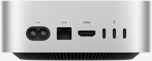 Mac mini, Rückseite, Netzanschluss, Ethernet Anschluss, HDMI Anschluss, drei Thunderbolt Anschlüsse