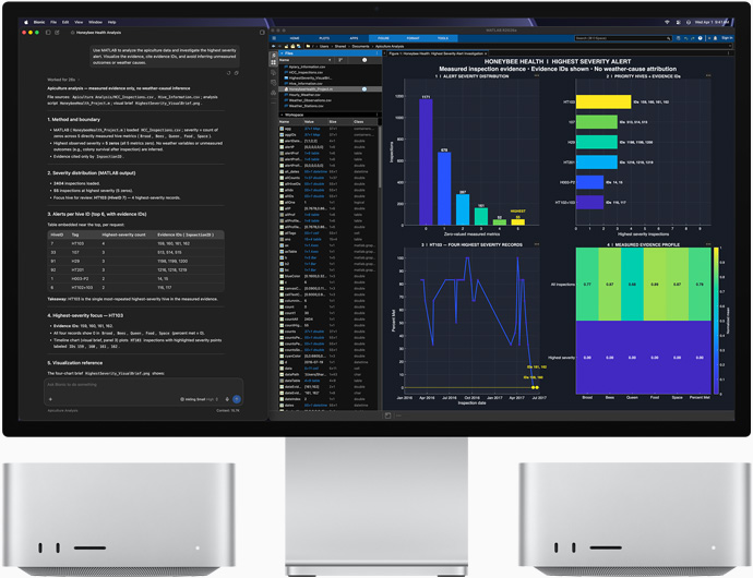 Studio Display XDR 螢幕顯示 LM Studio Bionic 和 MATLAB app 中的蜜蜂健康資料，位於顯示器下方的 Mac Studio，展示機身正面