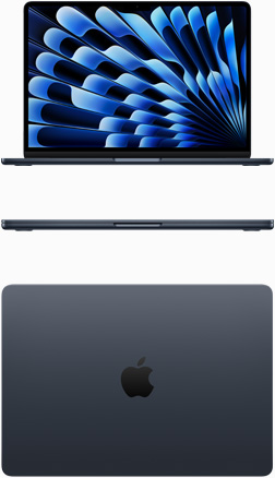 Skatā no priekšpuses un no augšas redzams pusnakts krāsas MacBook Air