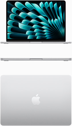 Skatā no priekšpuses un no augšas redzams sudraba krāsas MacBook Air