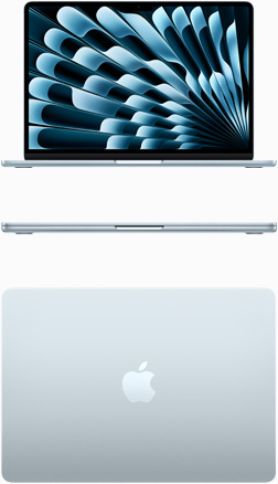 Skatā no priekšpuses un no augšas redzams debeszils MacBook Air