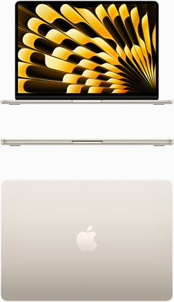 Skatā no priekšpuses un no augšas redzams zvaigžņu krāsas MacBook Air