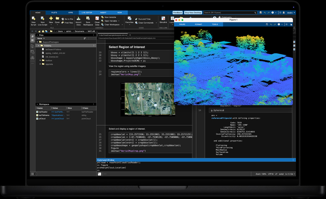 Ecranul MacBook Pro afișează MATLAB utilizat pentru procesarea și vizualizarea datelor geospațiale