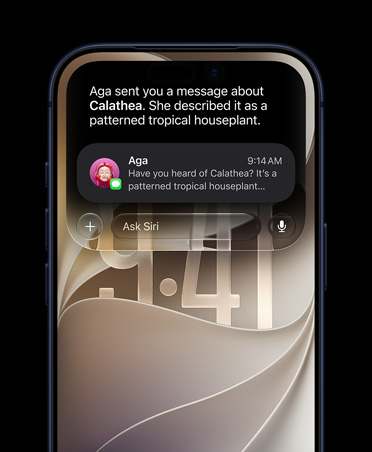 ディープブルーのiPhone 17 Proの画面。メッセージアプリの会話の中で言及されている観葉植物に関するSiri AIへの質問が表示されている