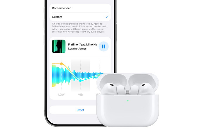 iPhone 18 Pro, สีเงิน, หน้าจอด้านหน้า, ตัวเลือกช่วงเสียงแบบกำหนดเองสำหรับ AirPods โดยมีเสียงต่ำ เสียงกลาง และเสียงสูง