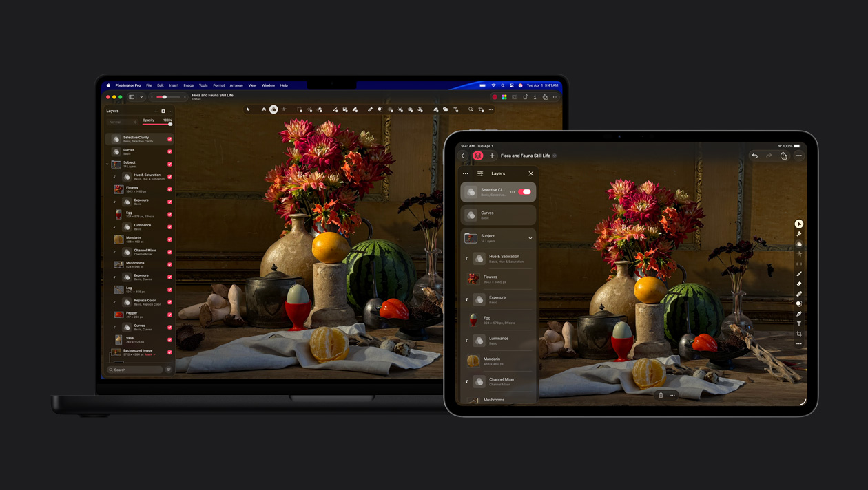 Pantallas de una MacBook Pro de 16 pulgadas y un iPad Pro de 13 pulgadas, Pixelmator Pro, pintura de naturaleza muerta con flora y fauna, kit de herramientas para capas a la izquierda