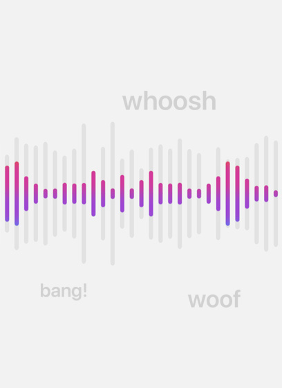 Lydbølger beveger seg og avdekker vanlige bakgrunnslyder, og i teksten står det: bang, whoosh, woof.