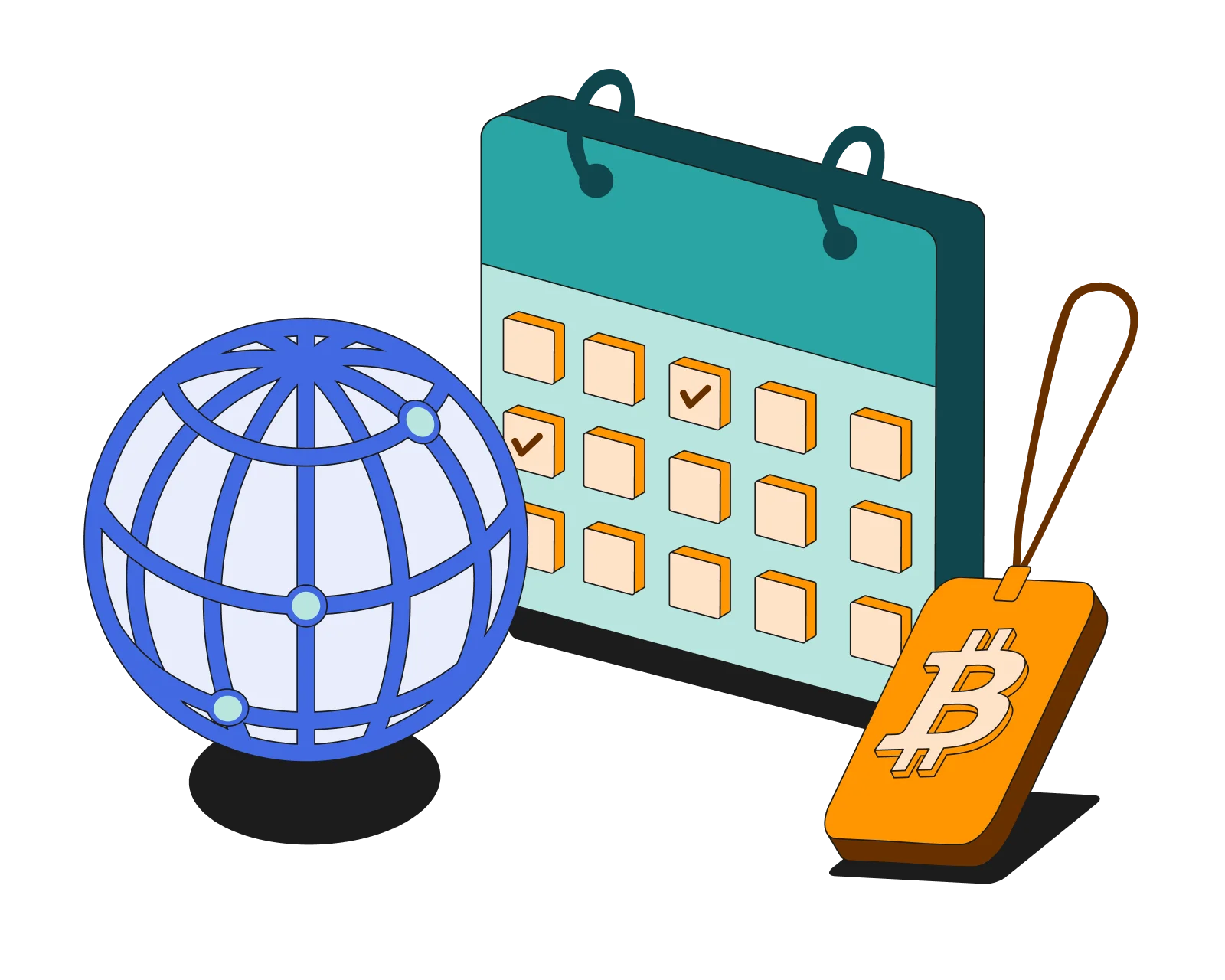 illustration depicting a globe, a calendar and a guest badge