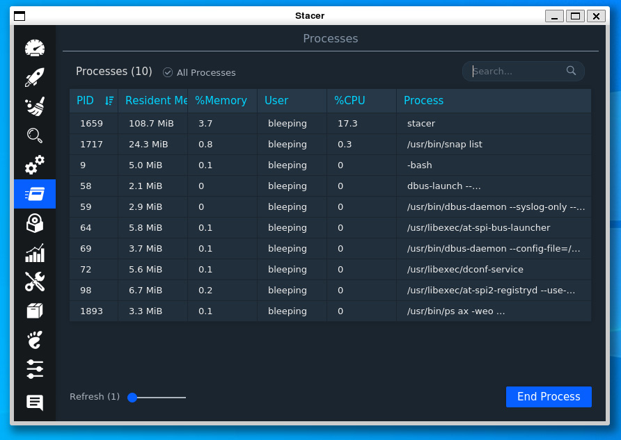 Stacer showing running WSL processes