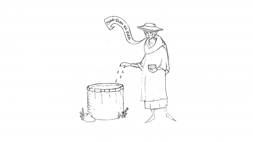 A line drawing. A woman stands beside a well, her right hand slightly extended as she throws powder into the opening of the well. The other hand holds a small cup. A banderole, a type of medieval speech banner, reads “Make them all sick.” She is wearing a wide brimmed hat, tunic, cloak, and gloves.