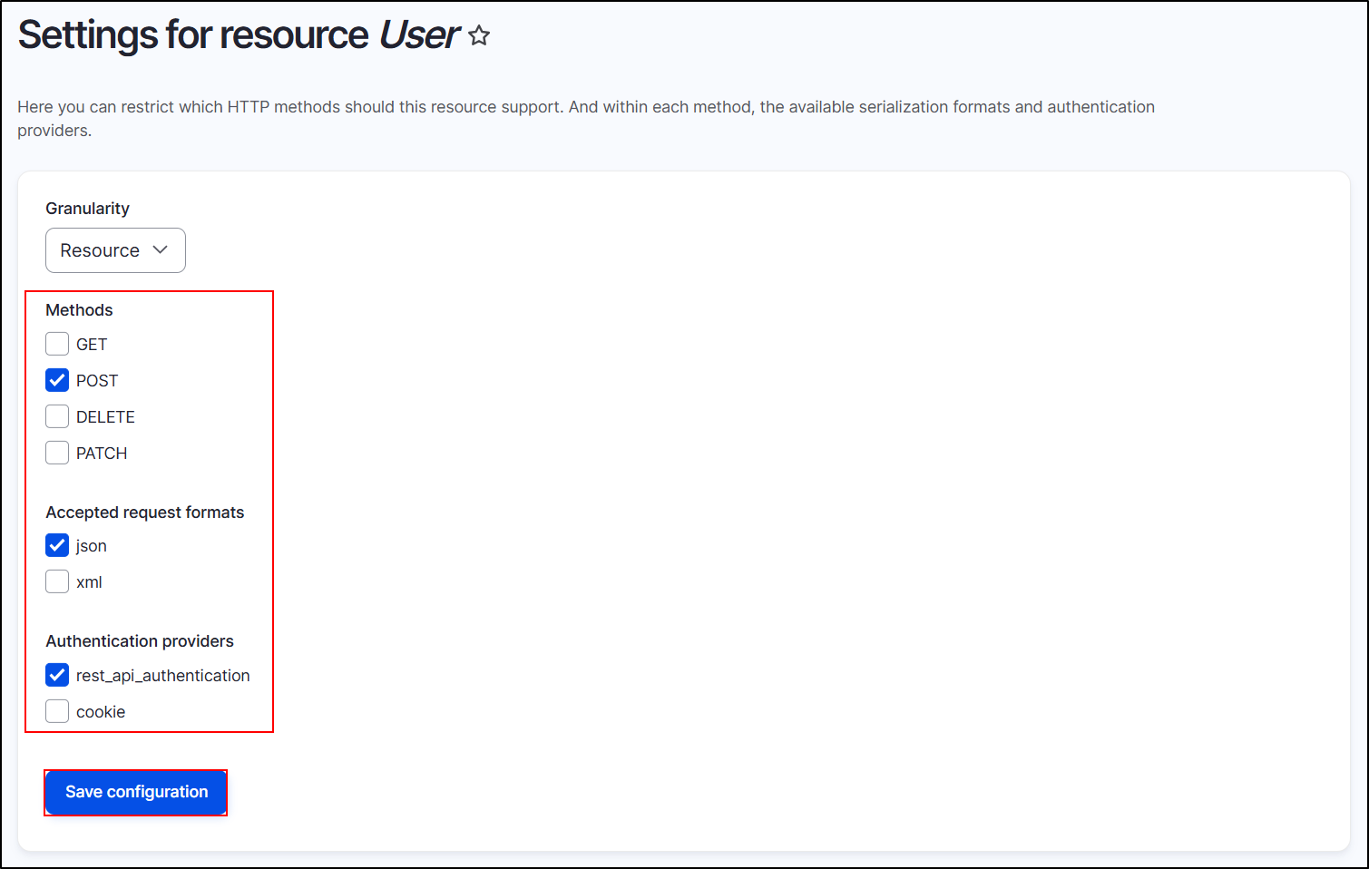 Drupal API Authentication settings for resource user