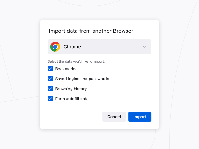 Bilde av dialovindauget for importgaiden Firefox, som viser alternativ for å importere innstillingar og data frå andra nettlesarar.