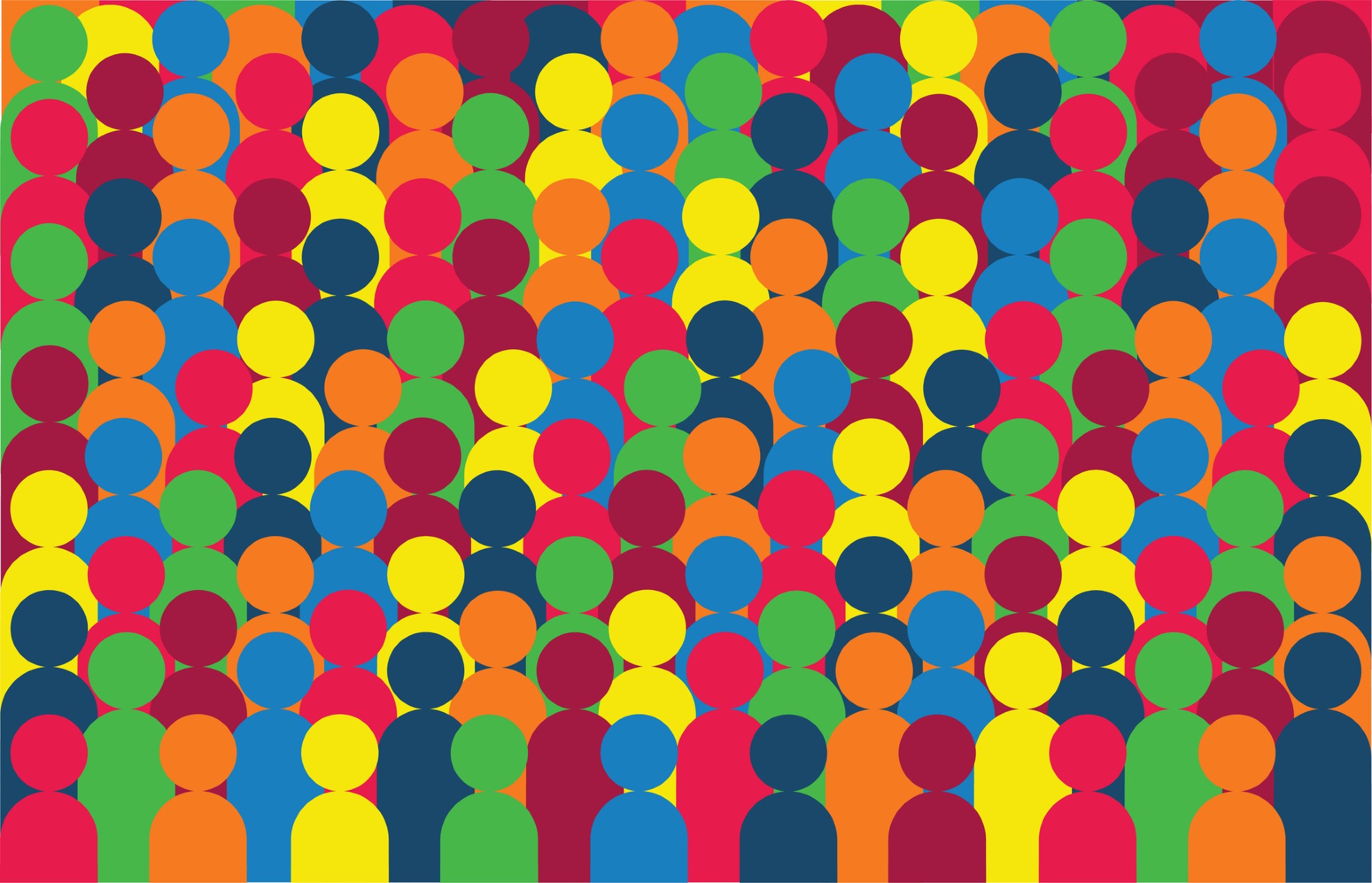 graphic of people's upper body and head with no arms in a variety of colours including blue, red, green, yellow and orange