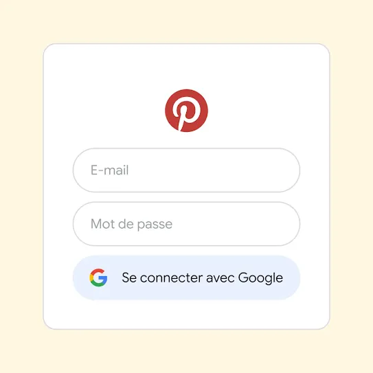 Interface utilisateur permettant de se connecter à Pinterest avec Se connecter avec Google.