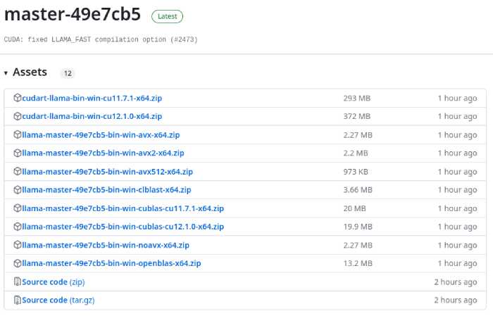 screanshot of llama cpp releases page on git hub