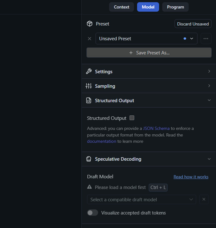 screenshot of lm studio rightsidebar with the model tab the the draft model selection