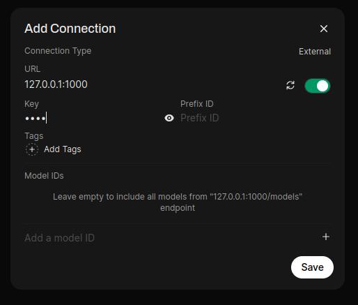 opan webui connection settings for openaip compatible api