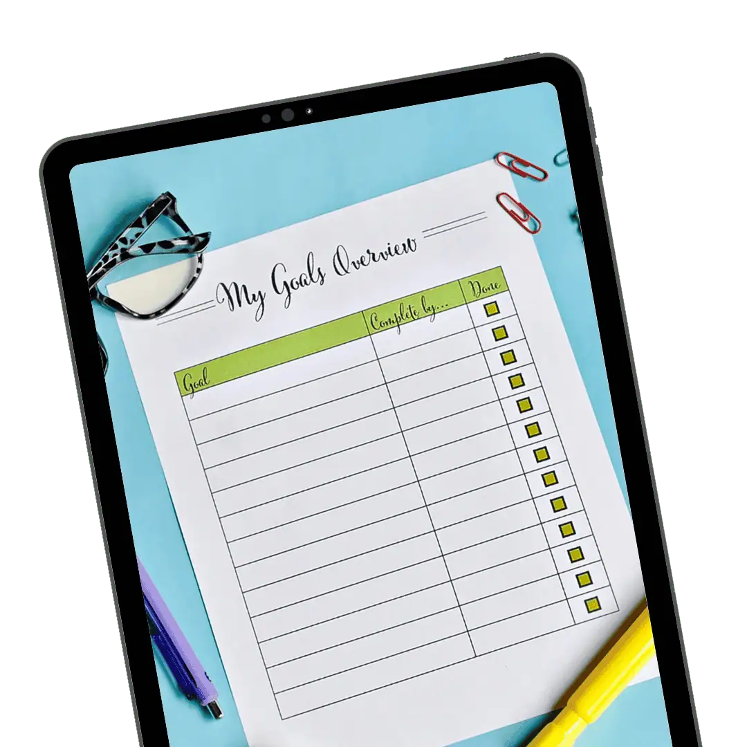 my goals overview printable on a tablet device.