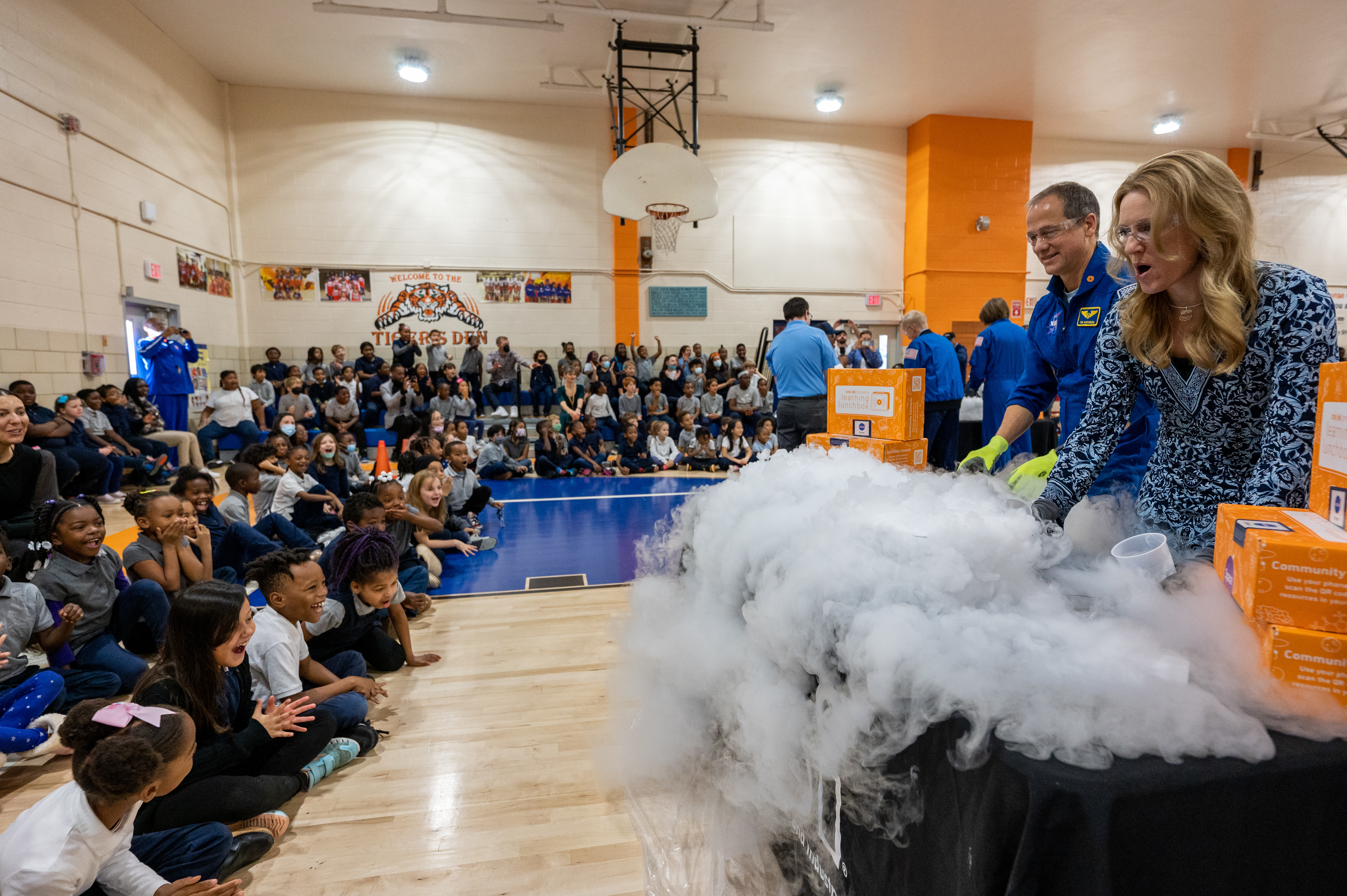 NASA’s SpaceX Crew-3 astronaut Tom Marshburn participates in a STEM demonstration