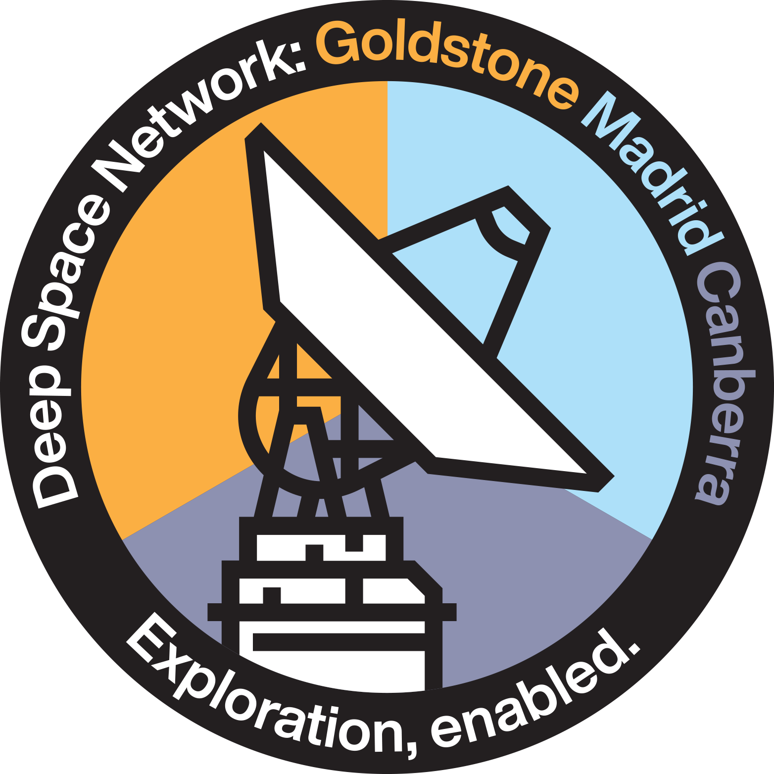 Tricolor circular badge featuring a line art illustration of an antenna in the center.