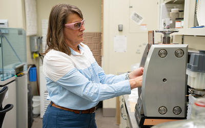 A researcher wearing safety glasses stands in the lab, reaching into a metal device on the lab table. 