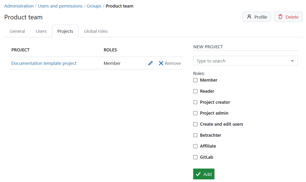 Add a group to a project in OpenProject administration