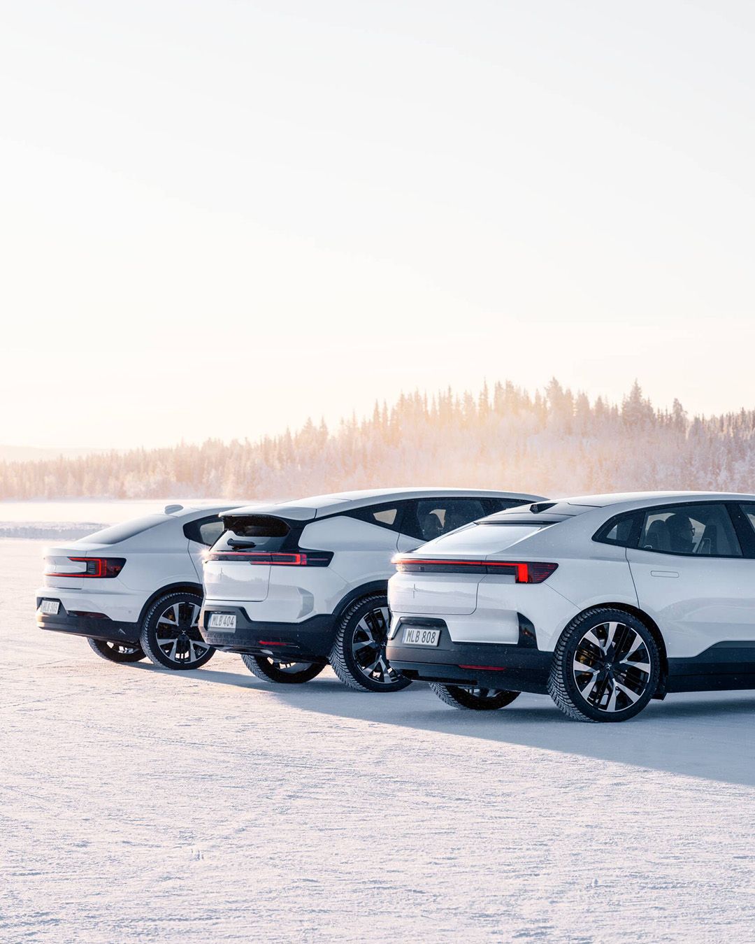 Three Polestar cars parked on snow with trees in the background.