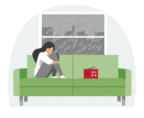 Illustration of a woman listening to the radio, with heavy rain outside the window.