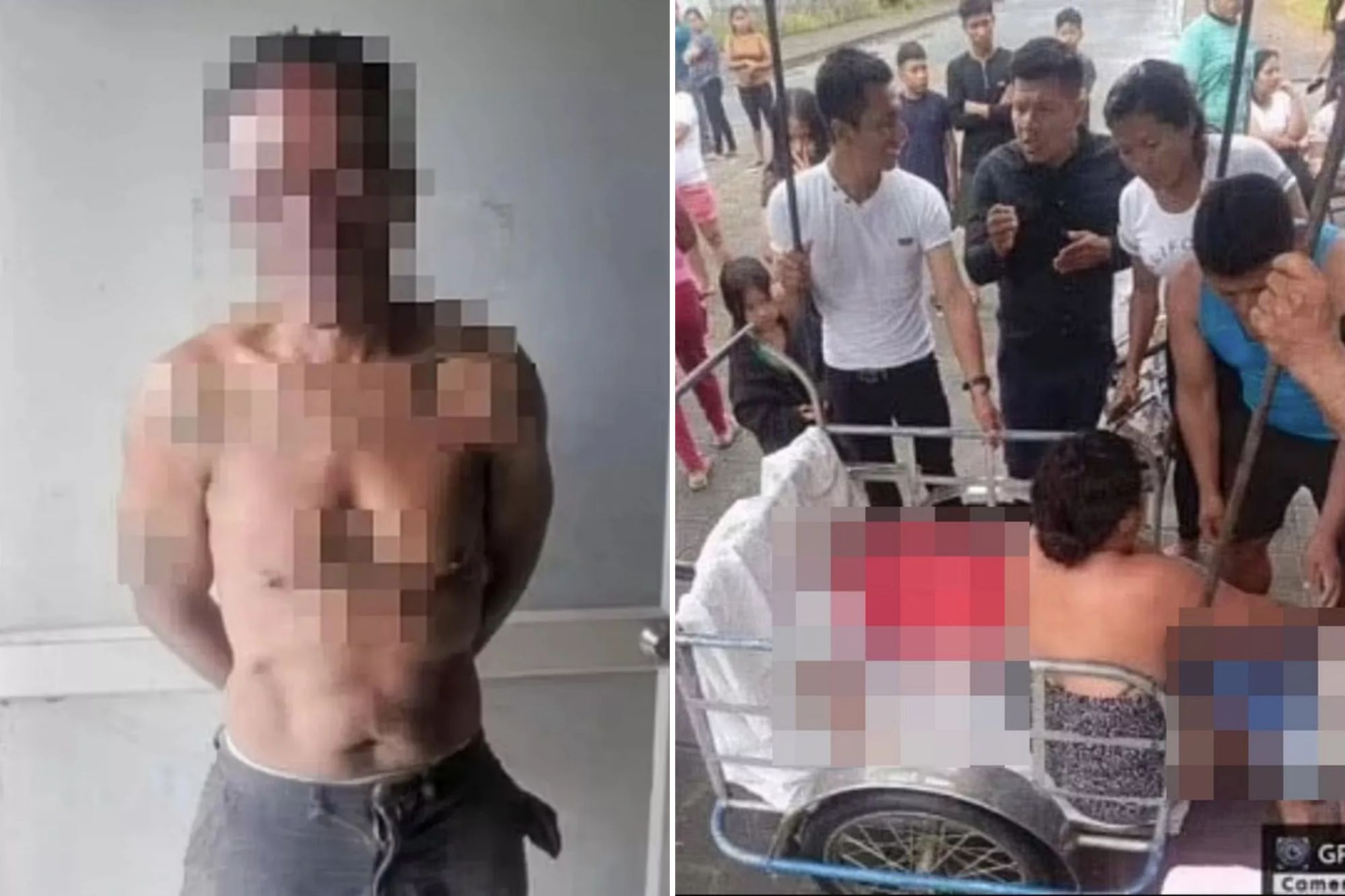 An image collage containing 2 images, Image 1 shows Photo of a shirtless man in police custody, Image 2 shows A British man lynched by a mob in Ecuador
