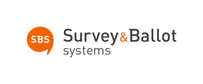 Logo of Survey & Ballot Systems with the acronym 'SBS' inside an orange speech bubble on the left, followed by the company name in black text.