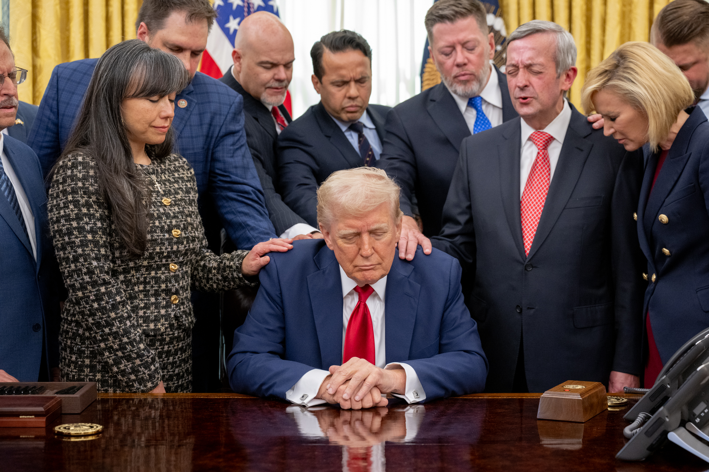 President Donald Trump meets with Faith Leaders from across the country to pray in the Oval Office, Wednesday March 19, 2025. (Official White House Photo by Molly Riley)