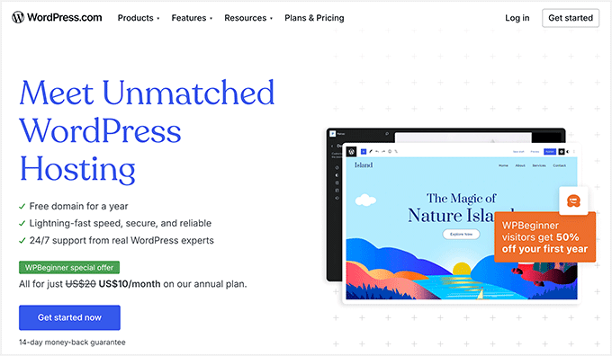 Le site Web WordPress.com Offre spéciale d'hébergement WordPress.com pour les lecteurs de WPBeginner